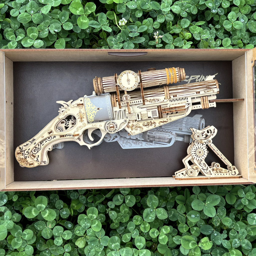 Kamiuzzly Steampunk Wooden Pistol Model Non-Functional 3D DIY Puzzle, Retro Design Eco-Friendly Wood Craft, Home Office Decor & Unique Gift for Adults Collectors