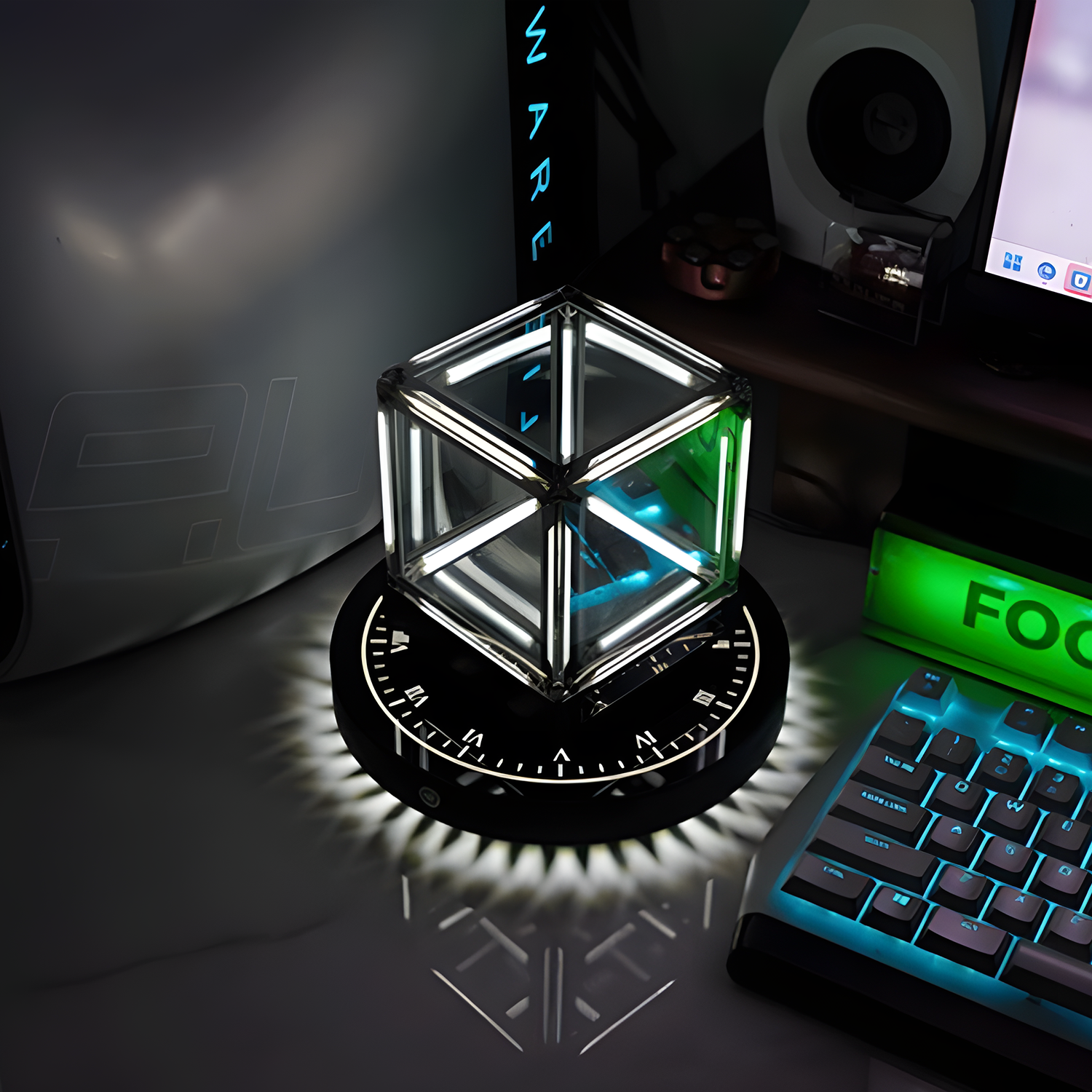 Kamiuzzly Magnetic Levitation 001 Series 4D Hyperspace Cube Display Stand with LED Lights - Floating Action Figure Showcase & Desktop Decor for Collectors