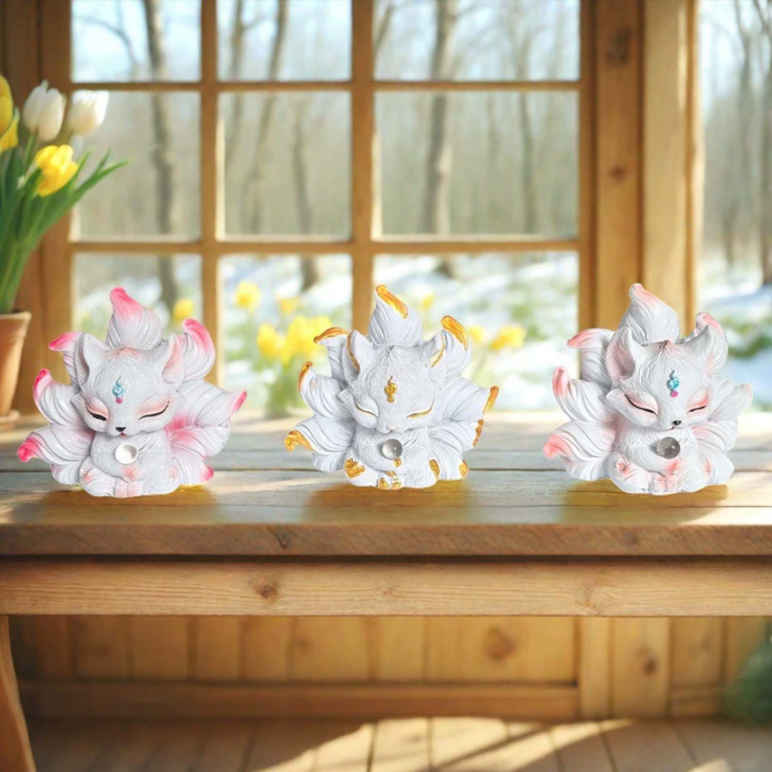 Kamiuzzly White Nine-Tailed Fox Collectible - Elegant Desktop Display